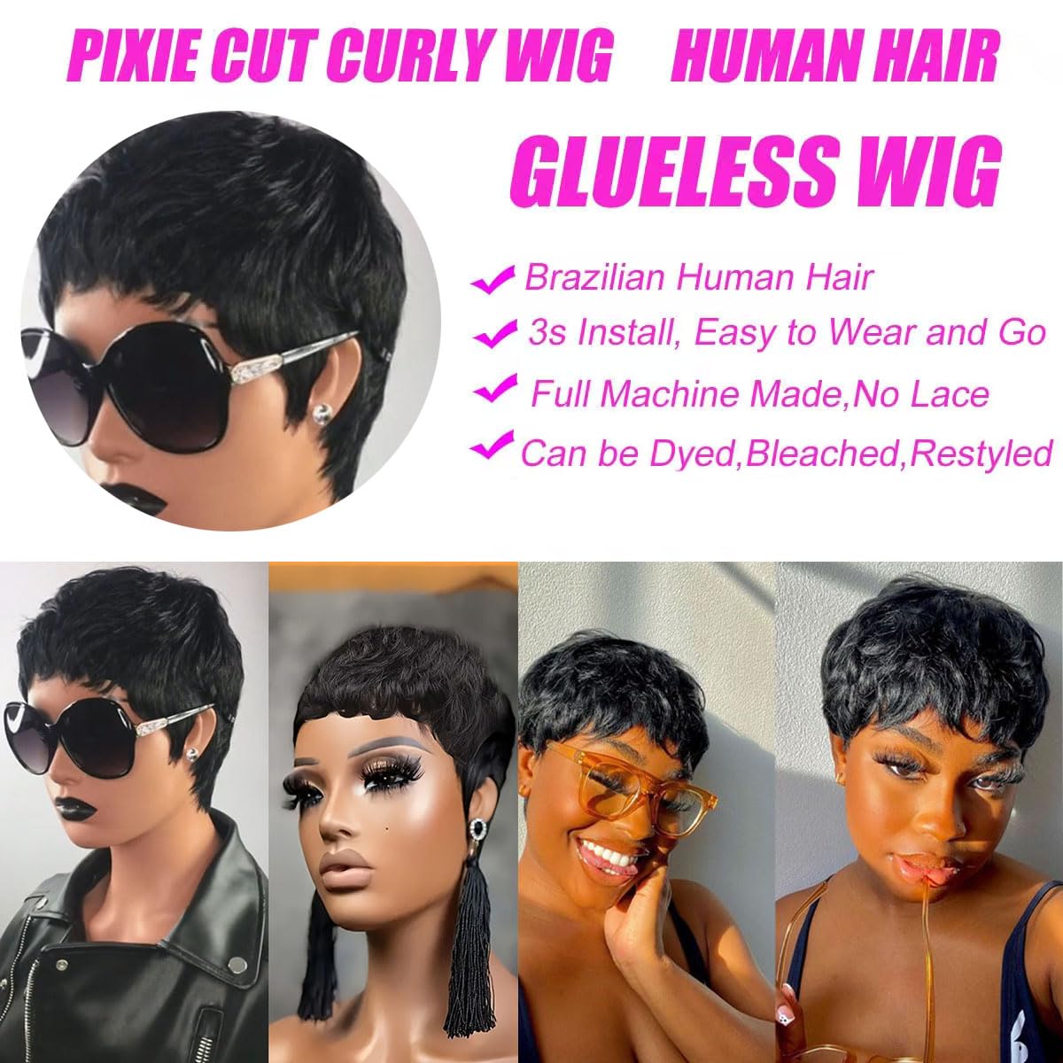 Pixie Cut  Human Hair Wig Short Pixie Cut Wigs for Black Women Short Layered Curly Wigs Glueless (9047-1B)