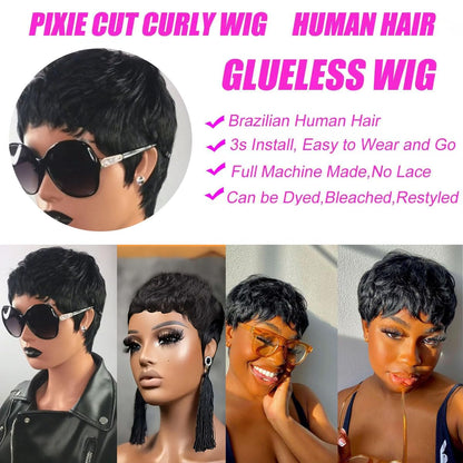 Pixie Cut  Human Hair Wig Short Pixie Cut Wigs for Black Women Short Layered Curly Wigs Glueless (9047-1B)