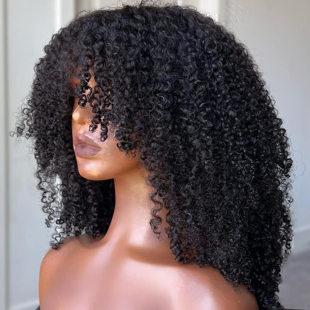 ShowReal Afro Kinky Curly Human Hair Wig with Bangs Full Machine Made Wig Glueless Virgin Brazilian Afro Curly Wigs for Black Women 200% Density Natural Color 12 inch 24 inch