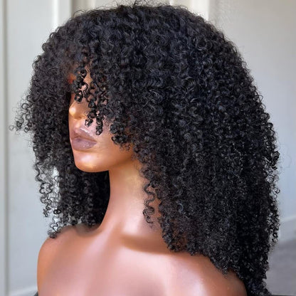 ShowReal Afro Kinky Curly Human Hair Wig with Bangs Full Machine Made Wig Glueless Virgin Brazilian Afro Curly Wigs for Black Women 200% Density Natural Color 12 inch 24 inch