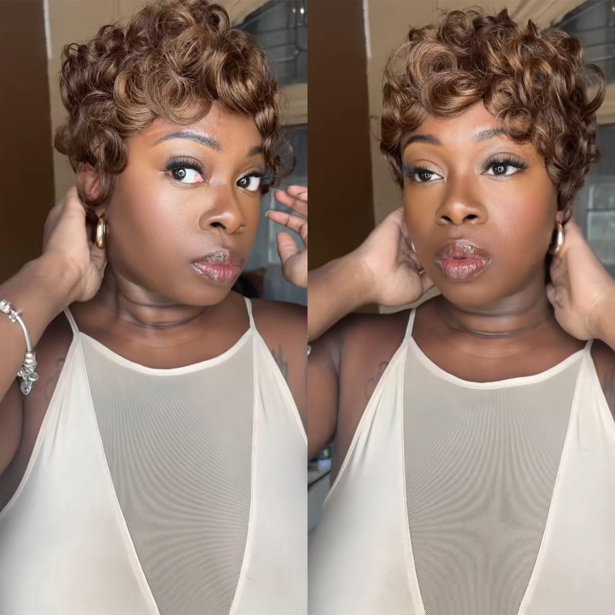 Showreal Pixie Cut Wigs Human Hair for Black Women Ombre Color Pixie Cut Human Hair Wig Glueless Wigs Full Machine Made (025-4/30/4)