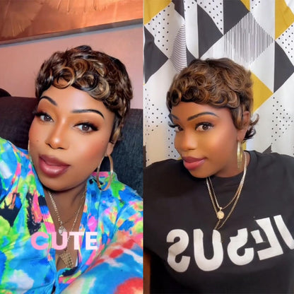 showreal 025 Pixie Wigs Pixie Cut Curly Wig for Black Women Pixie Cut Human Hair Wig Glueless Wigs Full Machine Made (025-1B/30)