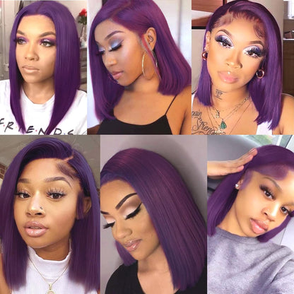 Customized Wig Dark Purple Bob 13x4 Lace Front Wig Human Hair Pre Plucked Natural Hairline HD Transparent Lace Frontal Colored Bob for Women Short Straight Purple Bob Wigs 10 Inch 180% Density