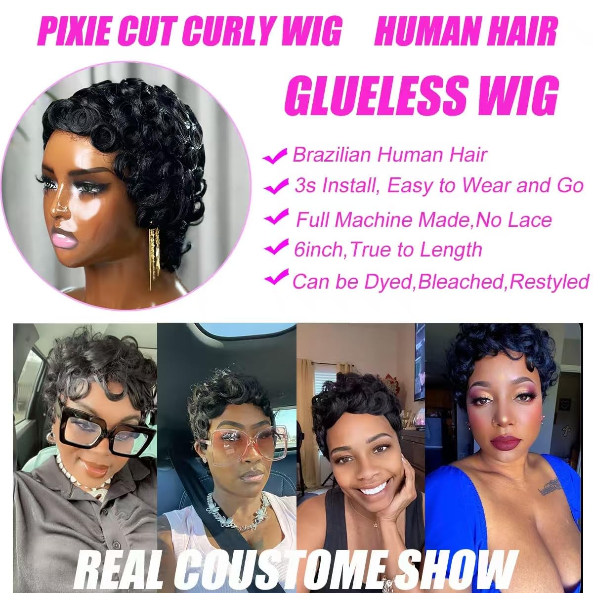 Showreal 99j Pixie Wigs Pixie Cut Curly Wig for Black Women Pixie Cut Human Hair Wig Glueless Wigs Full Machine Made (025-99J)