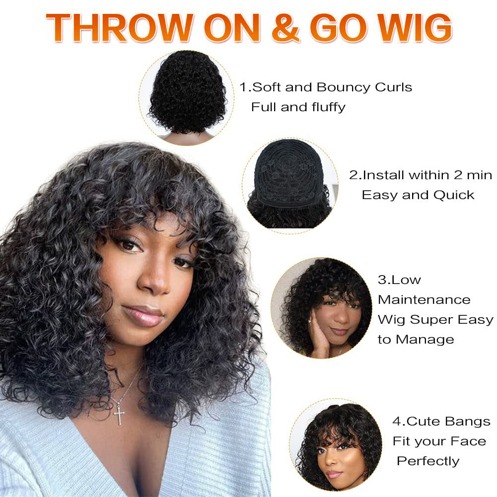 ShowReal Curly Human Hair Wigs With Bangs Curly Bob Wigs 200% Density Virgin Human Hair Full Machine Made Wig For Black Women Brazilian Curly Bob Wigs Natural Color 12 Inch 14 Inch