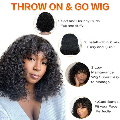 ShowReal Curly Human Hair Wigs With Bangs Curly Bob Wigs 200% Density Virgin Human Hair Full Machine Made Wig For Black Women Brazilian Curly Bob Wigs Natural Color 12 Inch 14 Inch
