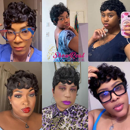 showreal 025 Pixie Wigs Pixie Cut Curly Wig for Black Women Pixie Cut Human Hair Wig Glueless Wigs Full Machine Made (025-1B/30)