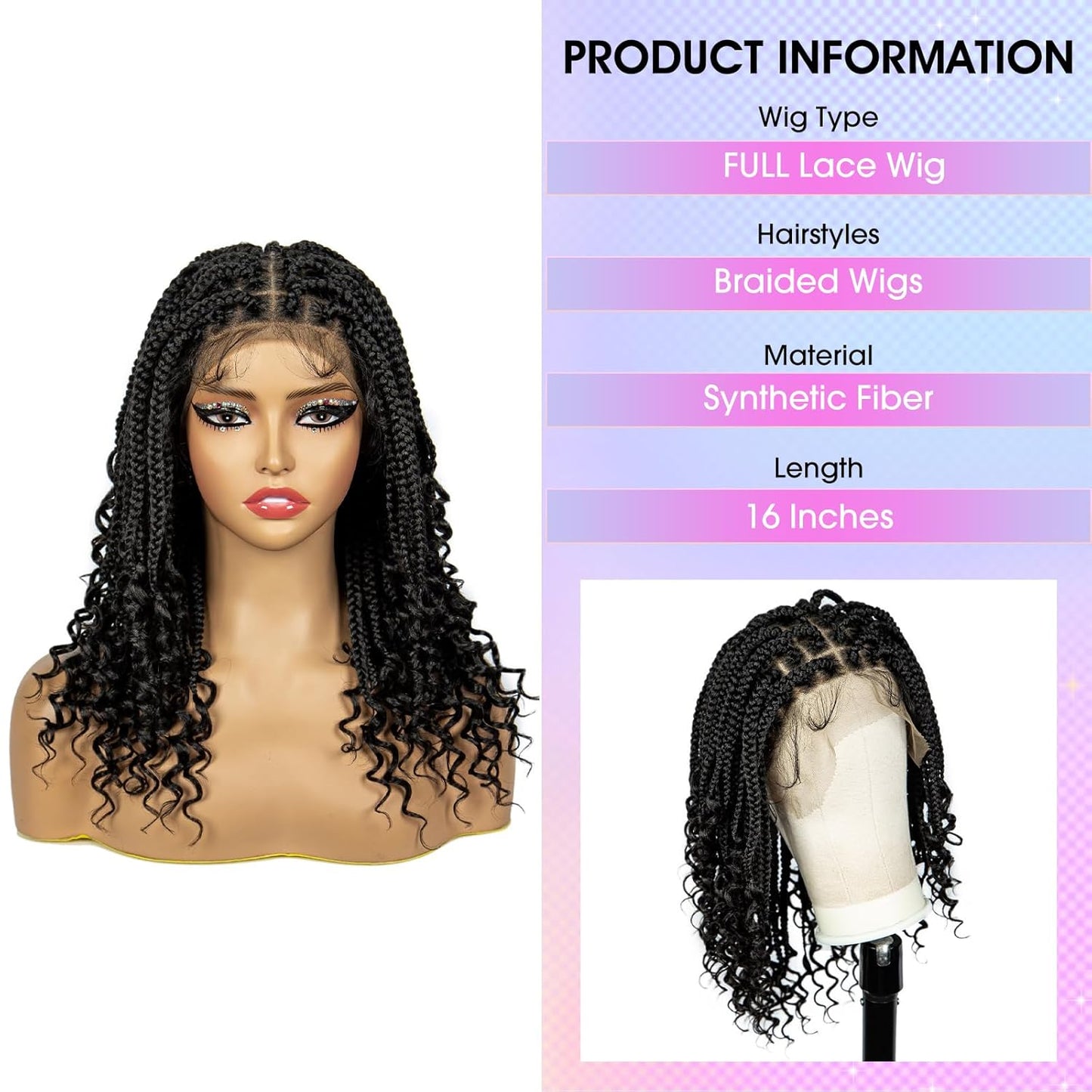 ShowReal 16 Inch Synthetic Full Lace Knotless Braided Wigs with Curly Ends for Black Women Handmade Braiding Wigs with Baby Hair Synthetic Braid Hair Gorgeous Fluffy Wigs with Baby Hair Bangs Synthetic Braided Full Lace Wigs