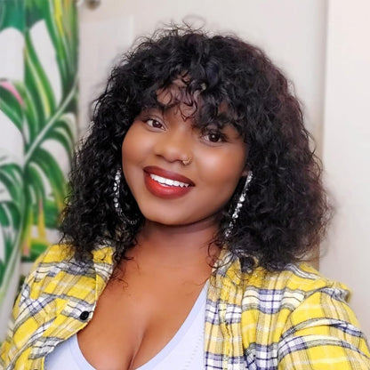 ShowReal Curly Human Hair Wigs With Bangs Curly Bob Wigs 200% Density Virgin Human Hair Full Machine Made Wig For Black Women Brazilian Curly Bob Wigs Natural Color 12 Inch 14 Inch