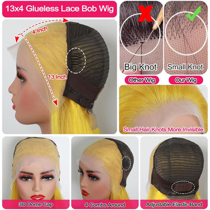 Customized Wig Yellow Wig Human Hair 13x4 Transparent Lace Bob Frontal Human Hair Wigs For Black Women 180% Density Pre Plucked Baby Hair Pink Short Bob Wig