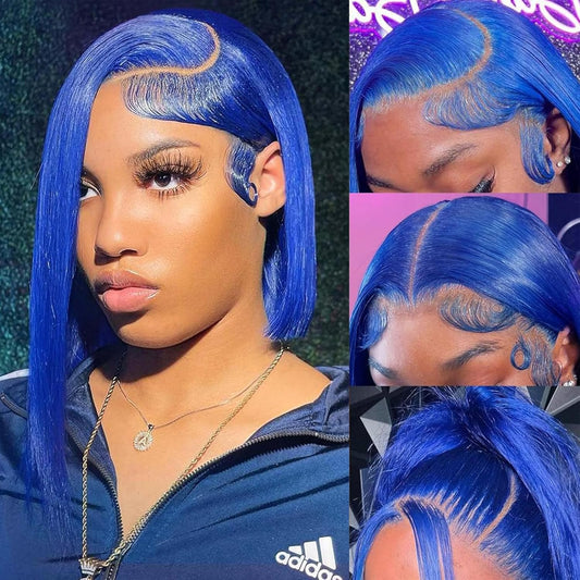 Customized Wig Blue Bob Lace Front Wigs Human Hair 180% Density 13x4 HD Lace Front Bob Wigs Human Hair Wig Pre Plucked with Baby Hair Wear and Go Straight Short Bob Wig Glueless Wigs Pre Cut For Women