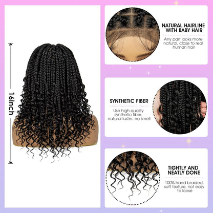 ShowReal 16 Inch Synthetic Full Lace Knotless Braided Wigs with Curly Ends for Black Women Handmade Braiding Wigs with Baby Hair Synthetic Braid Hair Gorgeous Fluffy Wigs with Baby Hair Bangs Synthetic Braided Full Lace Wigs