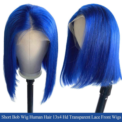 Customized Wig Blue Bob Lace Front Wigs Human Hair 180% Density 13x4 HD Lace Front Bob Wigs Human Hair Wig Pre Plucked with Baby Hair Wear and Go Straight Short Bob Wig Glueless Wigs Pre Cut For Women