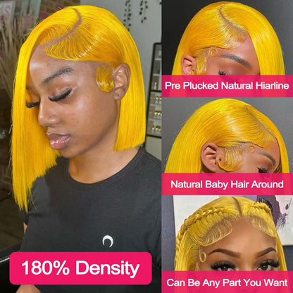 Customized Wig Yellow Wig Human Hair 13x4 Transparent Lace Bob Frontal Human Hair Wigs For Black Women 180% Density Pre Plucked Baby Hair Pink Short Bob Wig