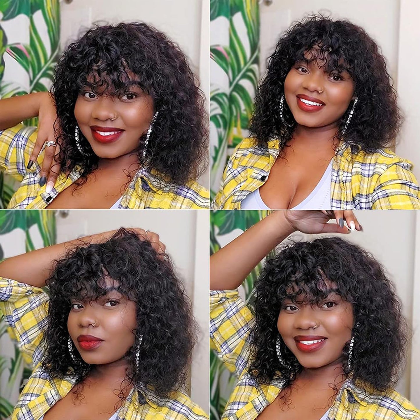 ShowReal Curly Human Hair Wigs With Bangs Curly Bob Wigs 200% Density Virgin Human Hair Full Machine Made Wig For Black Women Brazilian Curly Bob Wigs Natural Color 12 Inch 14 Inch