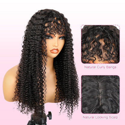 ShowReal Afro Kinky Curly Human Hair Wig with Bangs Full Machine Made Wig Glueless Virgin Brazilian Afro Curly Wigs for Black Women 200% Density Natural Color 12 inch 24 inch