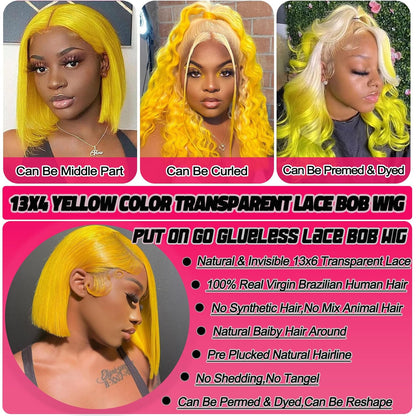 Customized Wig Yellow Wig Human Hair 13x4 Transparent Lace Bob Frontal Human Hair Wigs For Black Women 180% Density Pre Plucked Baby Hair Pink Short Bob Wig