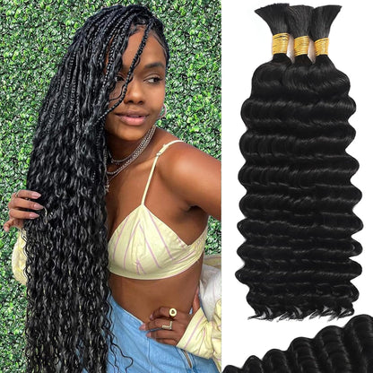 ShowReal 16 18 20 22 inch Human Braiding Hair for Boho Braids Human Hair 110g  10A Deep Wave Bulk Bohemian 3 Bundles/Pac Curly Boho Hair for Braiding Knotlessk Natural Color