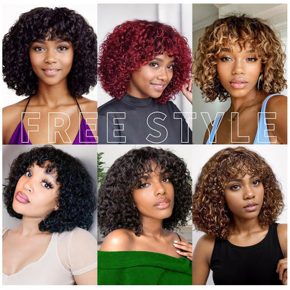 ShowReal Curly Human Hair Wigs With Bangs Curly Bob Wigs 200% Density Virgin Human Hair Full Machine Made Wig For Black Women Brazilian Curly Bob Wigs Natural Color 12 Inch 14 Inch