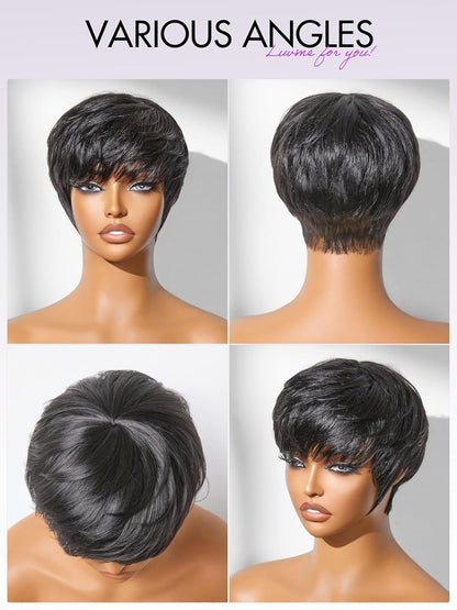 Showreal Pixie Cut Wigs Human Hair for Black Women Short Pixie Cut Wigs 100% Real Human Hair Lightweight Glueless Natural Black Layered Pixie Wig(036-1B)