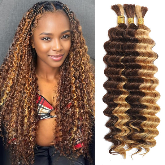 ShowReal 16 18 20 22 inch Human Braiding Hair for Boho Braids Human Hair 110g  10A Deep Wave Bulk Bohemian 3 Bundles/Pac Curly Boho Hair for Braiding Knotlessk Natural Color