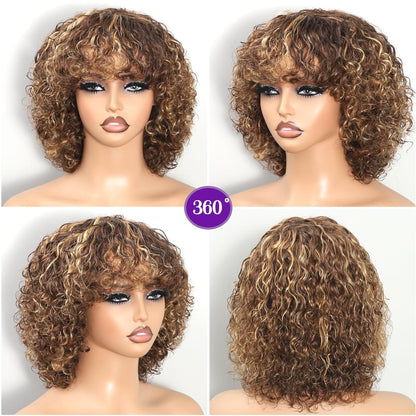 ShowReal Curly Human Hair Wigs With Bangs Curly Bob Wigs 200% Density Virgin Human Hair Full Machine Made Wig For Black Women Brazilian Curly Bob Wigs Natural Color 12 Inch 14 Inch