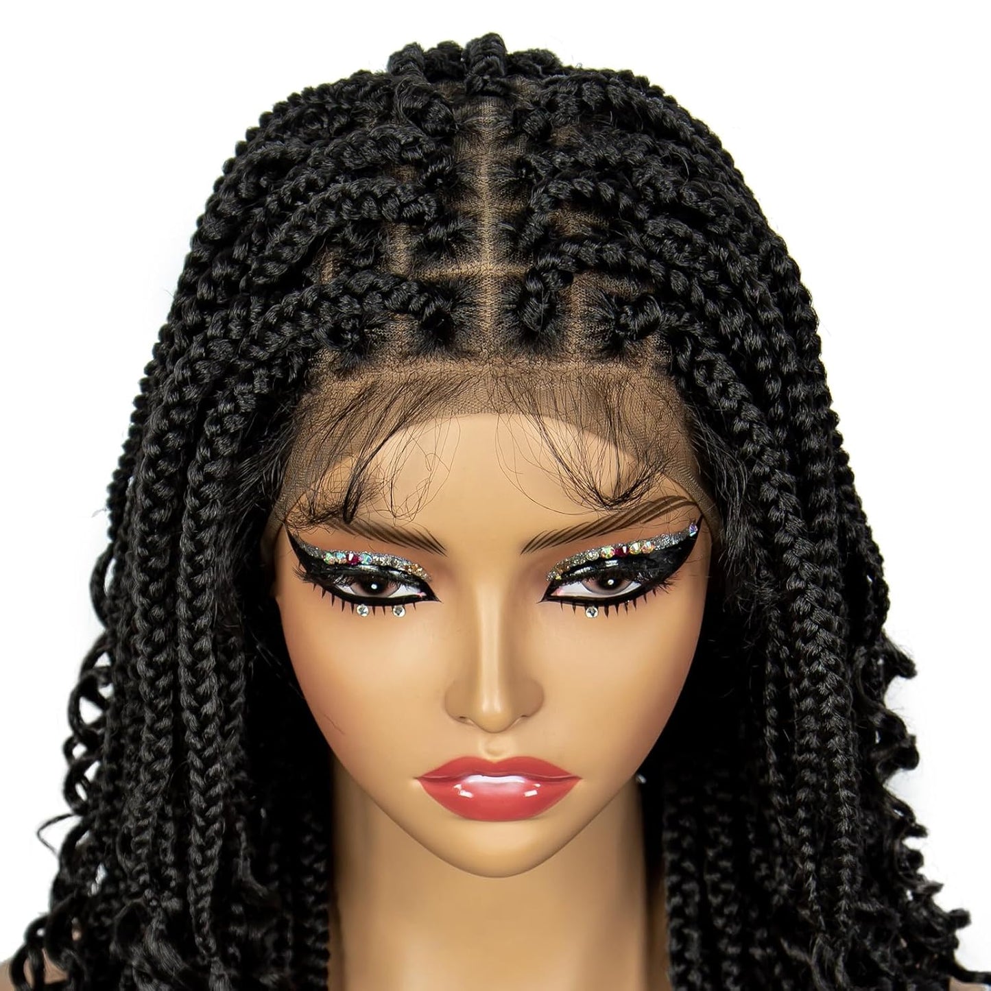ShowReal 16 Inch Synthetic Full Lace Knotless Braided Wigs with Curly Ends for Black Women Handmade Braiding Wigs with Baby Hair Synthetic Braid Hair Gorgeous Fluffy Wigs with Baby Hair Bangs Synthetic Braided Full Lace Wigs