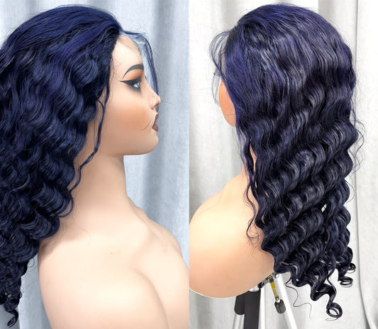 Customized Wig  Dark Navy Blue Loose Deep Wave Human Hair Lace Wig 13×4 Lace Front Straight Human Hair Wig For Women 13x4 Blue Transparent Lace Frontal Straight Wig For Women