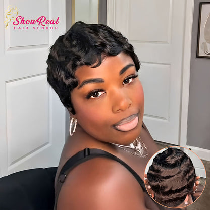 【TastefulCiera Same】Finger Wave Pixie Cut Wigs Human Hair for Black Women (9012-1B)