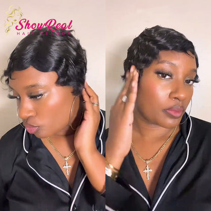 【Deshay|Budget Babe|  Same】Finger Wave Pixie Cut Wigs Human Hair for Women (9012-1B)