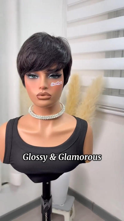 Short Pixie Cut Wig Human Hair 1B/30 Colored Wig with Bangs Full Machine Glueless Wig(9149-1B30)
