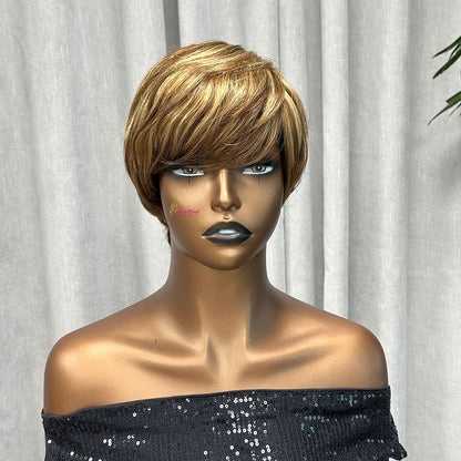 Short Pixie Cut Wig Human Hair 1B/30 Colored Wig with Bangs Full Machine Glueless Wig(9149-1B30)