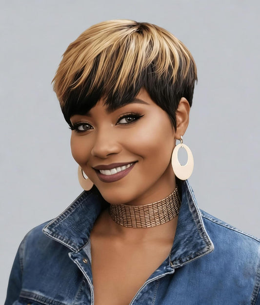 Short Pixie Cut Wigs for Black Women Ombre Blonde ShowReal Pixie Cut Human Hair Wig Glueless Straight Color Short Wig Pixie Wigs Layered Cut Blonde Hair Pixie Wigs for Black Women 9171-1B/4/27