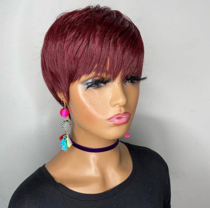 Showreal Short Pixie Wigs Human Hair for Black Women Pixie Cut Wig Human Hair Brazilian Virgin Short 99J Burgundy Wigs Glueless Human Hair Layered Cut Wig Red Wig for Women(036-99J)