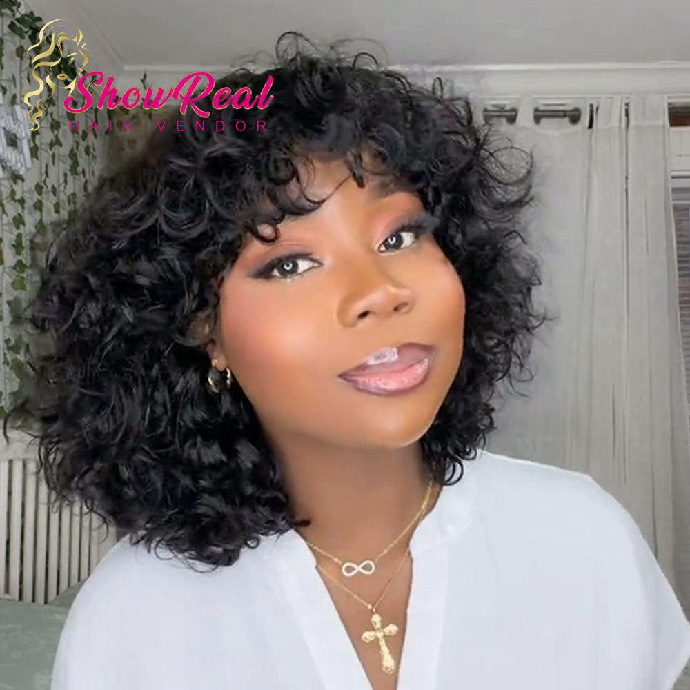 【Mercy Seyifunmi  Same】Curly Human Hair Wigs With Bangs Curly Bob Wigs（M12-#1B）