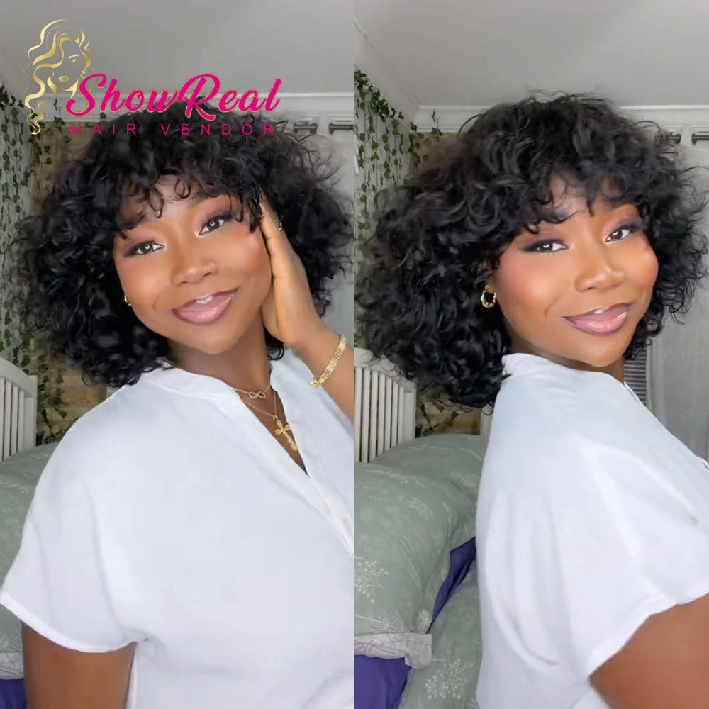 【Mercy Seyifunmi  Same】Curly Human Hair Wigs With Bangs Curly Bob Wigs（M12-#1B）