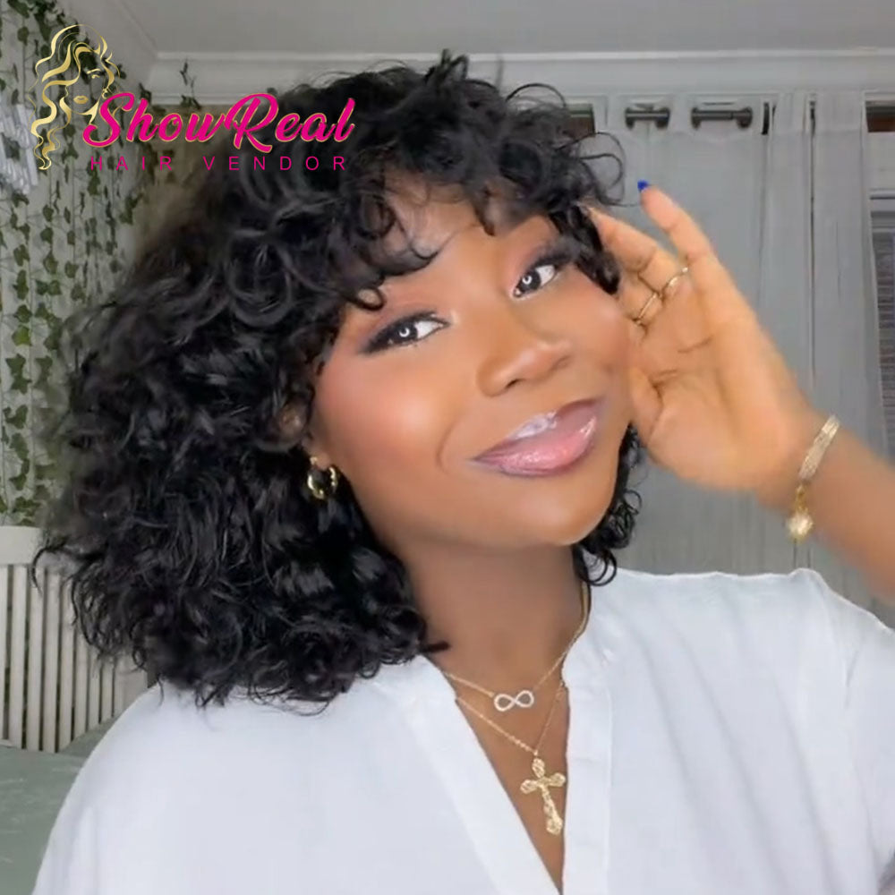 【Mercy Seyifunmi  Same】Curly Human Hair Wigs With Bangs Curly Bob Wigs（M12-#1B）