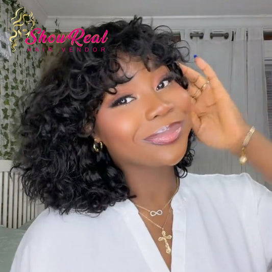 【Mercy Seyifunmi  Same】Curly Human Hair Wigs With Bangs Curly Bob Wigs（M12-#1B）
