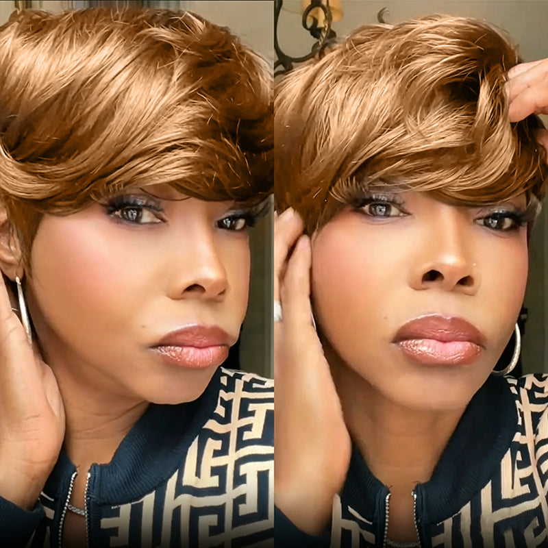 ShowReal Pixie Cut Wig Bold Textured Bangs for Black Women Human Hair Short cut Wig Layered None Lace Front Glueless Full Machine Made Wig with Bangs 180% Density #30 Color (0516-30)
