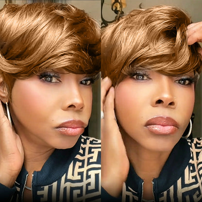 ShowReal Pixie Cut Wig Bold Textured Bangs for Black Women Human Hair Short cut Wig Layered None Lace Front Glueless Full Machine Made Wig with Bangs 180% Density #30 Color (0516-30)
