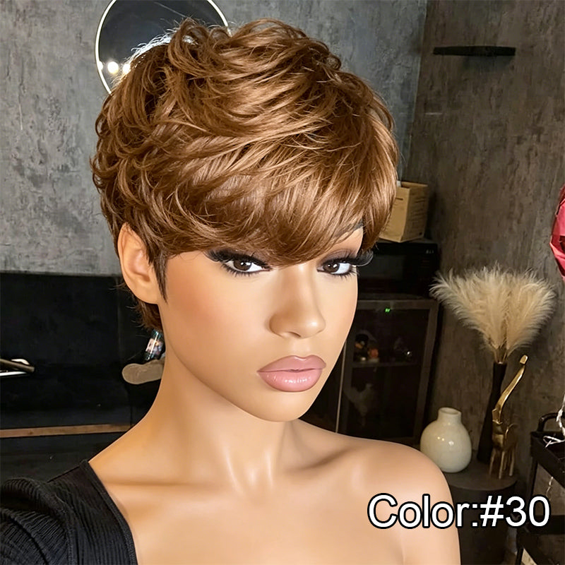 ShowReal Pixie Cut Wig Bold Textured Bangs for Black Women Human Hair Short cut Wig Layered None Lace Front Glueless Full Machine Made Wig with Bangs 180% Density #30 Color (0516-30)