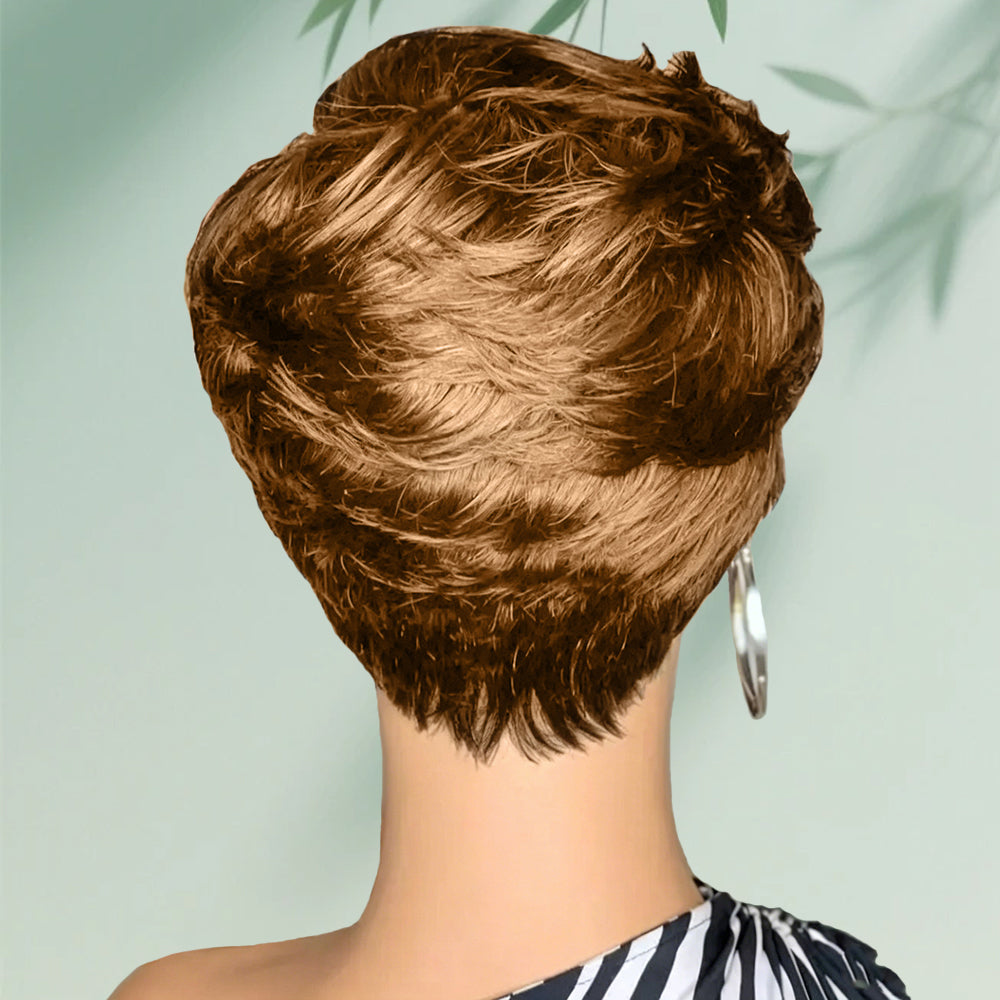 ShowReal Pixie Cut Wig Bold Textured Bangs for Black Women Human Hair Short cut Wig Layered None Lace Front Glueless Full Machine Made Wig with Bangs 180% Density #30 Color (0516-30)