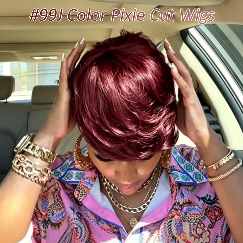 ShowReal Pixie Cut Wig for Black Women Human Hair Short cut Wig Layered None Lace Front Glueless Full Machine Made Wig with Bangs 180% Density Burgundy Color (0516-99J)
