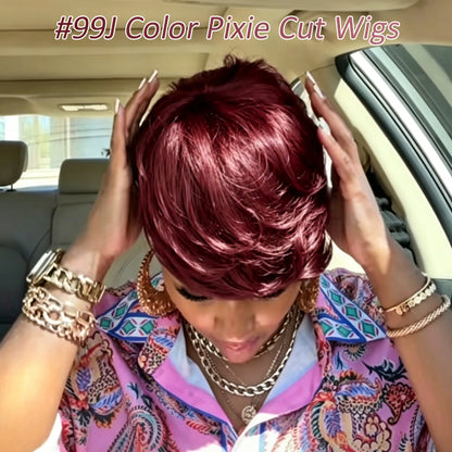 ShowReal Pixie Cut Wig for Black Women Human Hair Short cut Wig Layered None Lace Front Glueless Full Machine Made Wig with Bangs 180% Density Burgundy Color (0516-99J)