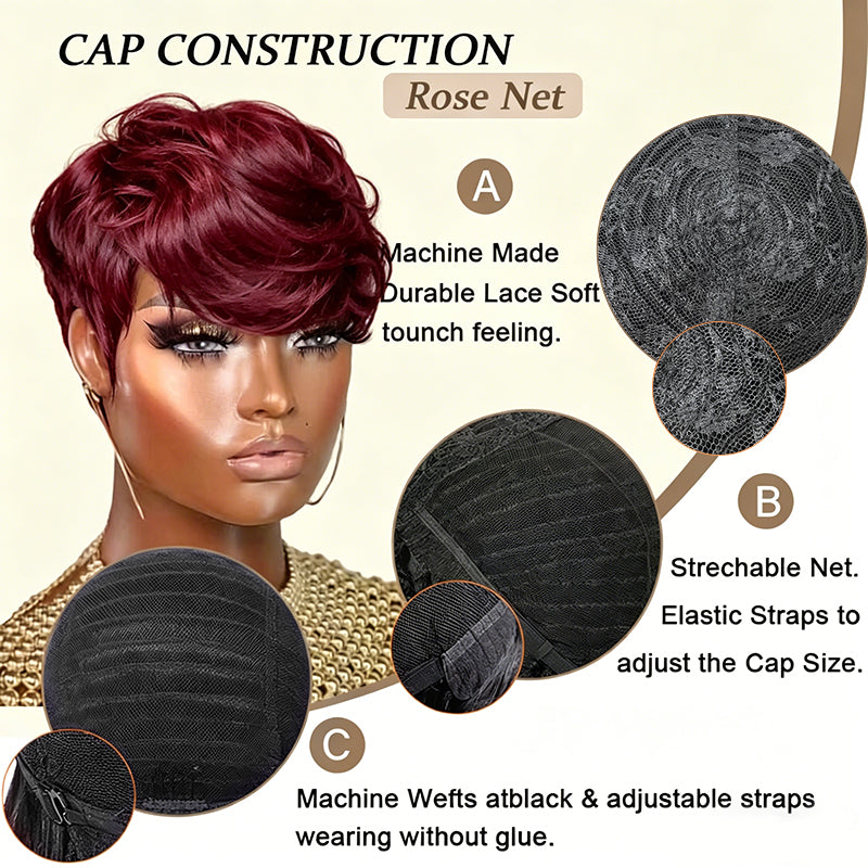ShowReal Pixie Cut Wig for Black Women Human Hair Short cut Wig Layered None Lace Front Glueless Full Machine Made Wig with Bangs 180% Density Burgundy Color (0516-99J)
