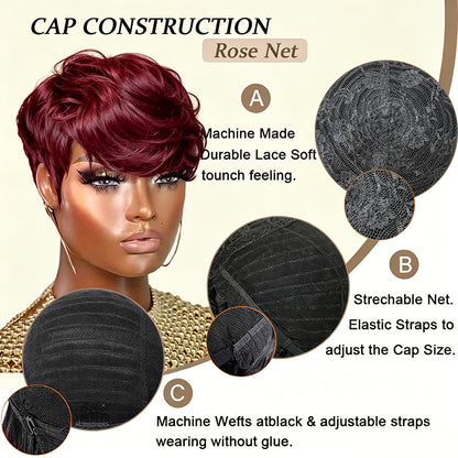 ShowReal Pixie Cut Wig for Black Women Human Hair Short cut Wig Layered None Lace Front Glueless Full Machine Made Wig with Bangs 180% Density Burgundy Color (0516-99J)