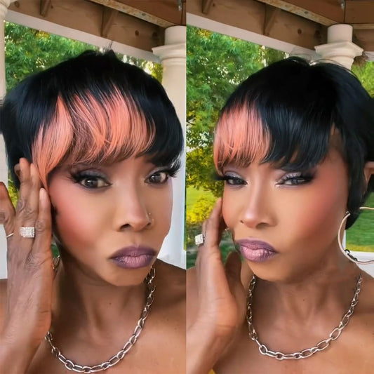 (Denise Same) Pixie Cut Wig Human Hair Wigs For Black Women Highlights Color (910-PIXIE-1BPINK)）