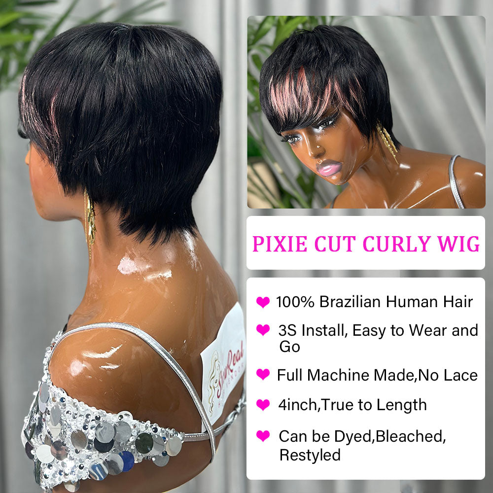 (Denise Same) Pixie Cut Wig Human Hair Wigs For Black Women Highlights Color (910-PIXIE-1BPINK)）