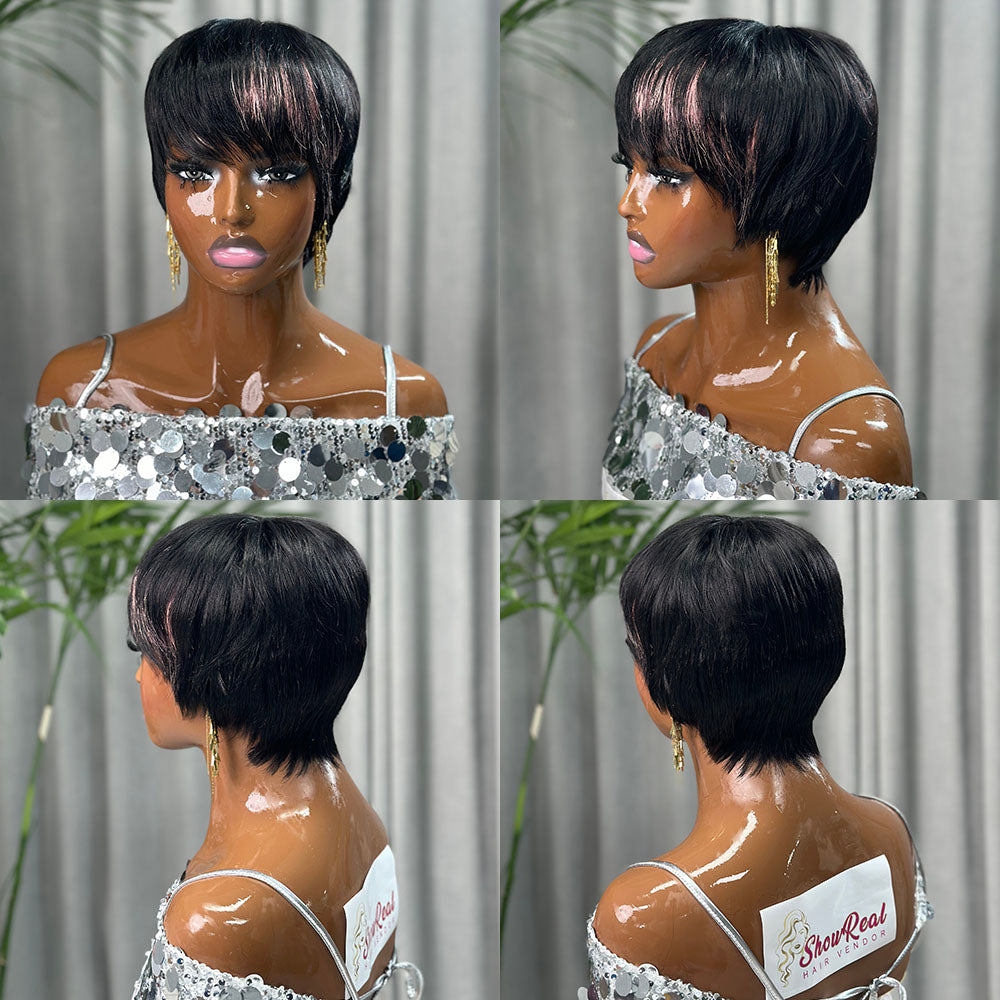 (Denise Same) Pixie Cut Wig Human Hair Wigs For Black Women Highlights Color (910-PIXIE-1BPINK)）