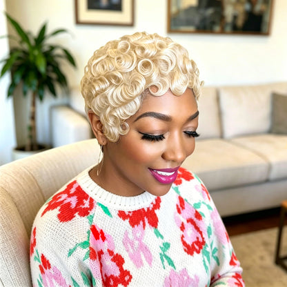 Showreal Pixie Cut Wigs Human Hair for Black Women Short Pixie Cut Wig - Machine Made, Finger Wave Glueless, Blond 150%  Pixie Curly Wigs With Bangs for Daily Use(025-#613)